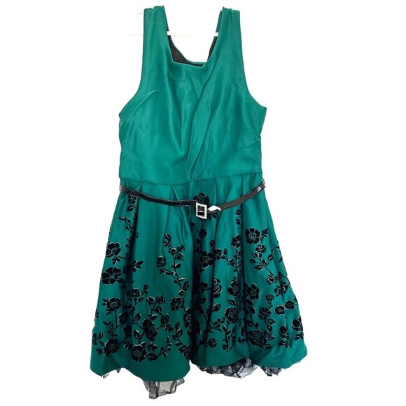 Knitworks floral Holiday Christmas Flocked Dress with rhinestone Belt Sz 12 - Picture 1 of 10